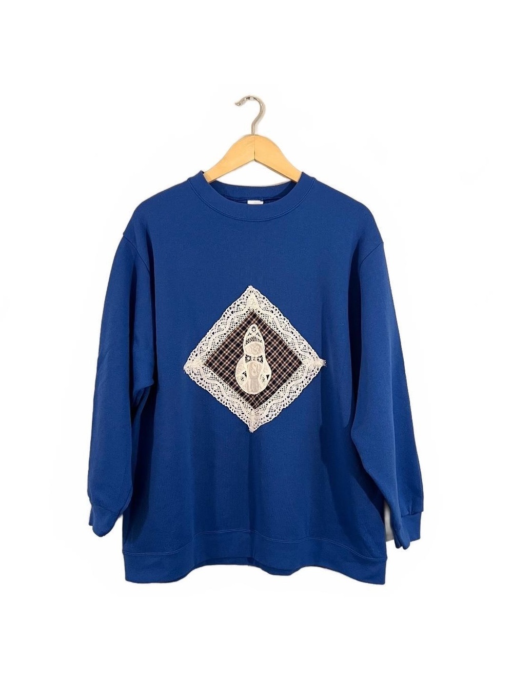 Vintage 90’s Blue Crochet Patchwork Snowman Sweatshirt Cozy Christmas Cottage